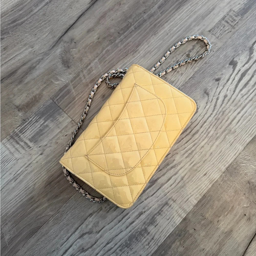 CHANEL Patent Leather WOC Crossbody Flap Bag Beige / Pink